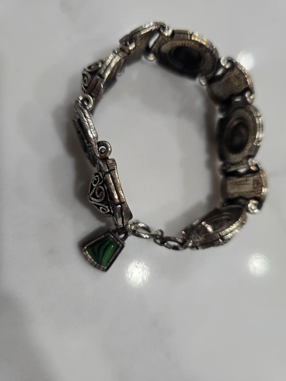 Vintage Signed MIRACLE Celtic Faux Malachite Link Bracelet